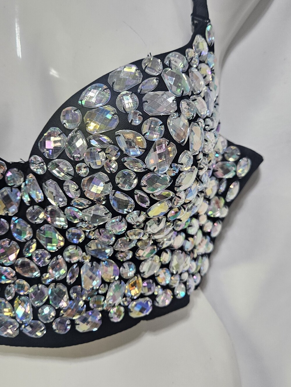 Rhinestone Crystal Bustier Crop Top Black Corset Bralette Festival Rave Clubwear - Picture 2 of 5